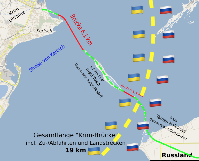 gtorges's tweet image. Die Brücke von der #Krim über die Straße von #Kertsch steht zum größte Teil auf dem Gebiet der 🇺🇦#Ukraine.
Selbst wenn die #Bundeswehr auf Bitten der Ukraine die Brücke selbst mit #Taurus angriffe, würde 🇩🇪#Deutschland dadurch nicht zur #Kriegspartei.