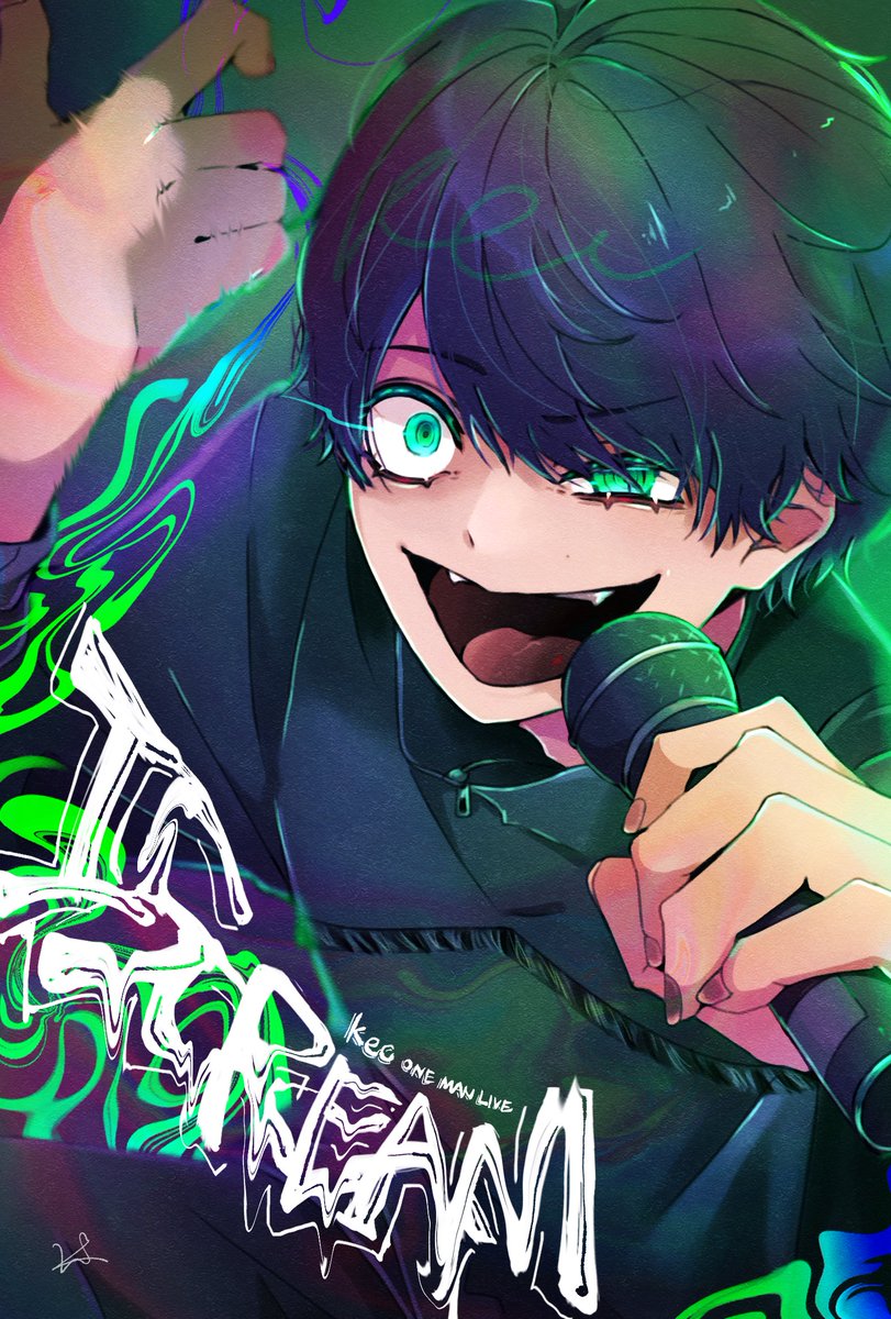1boy male focus microphone green eyes solo holding microphone tongue  illustration images