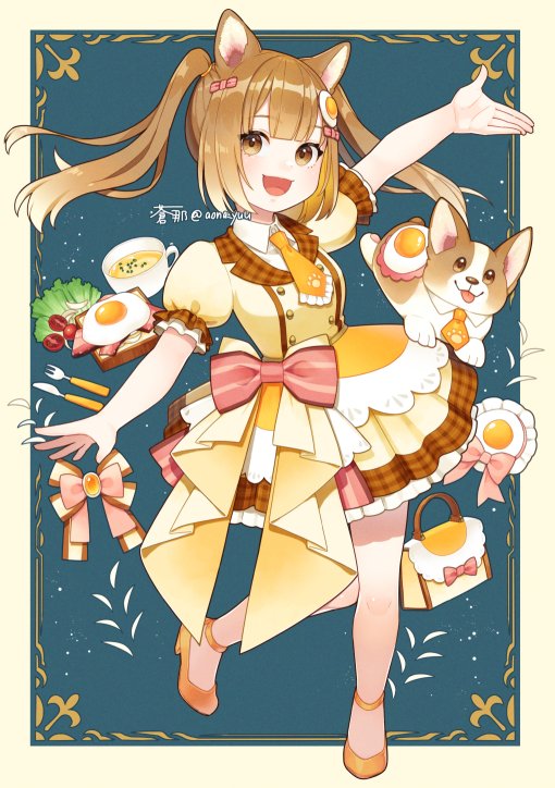 1girl animal ears egg brown hair twintails food dog ears  illustration images