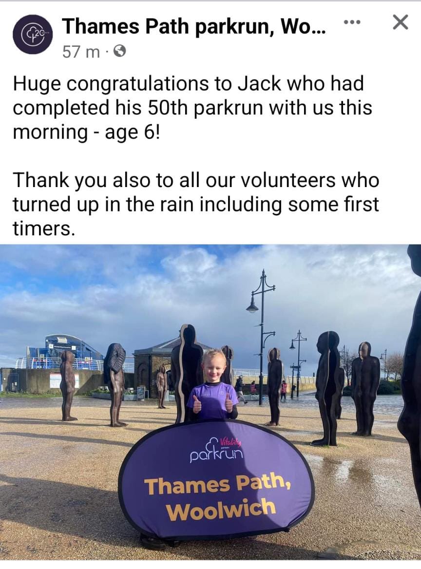 Thank you <a href="/ThamesPparkrun/">Thames Path parkrun</a> and Jack is super delighted to be in the 50 club! 50 weeks of exploring new parks and places, meeting new friends and lots of mud &amp; puddles! <a href="/parkrunUK/">parkrun UK</a> you have given us 50 adventures and here is to many more 🥰 <a href="/Alleyns_Junior/">Junior School @AlleynsSchool</a> <a href="/Alleyns_Sport/">Sports at Alleyn's School</a>