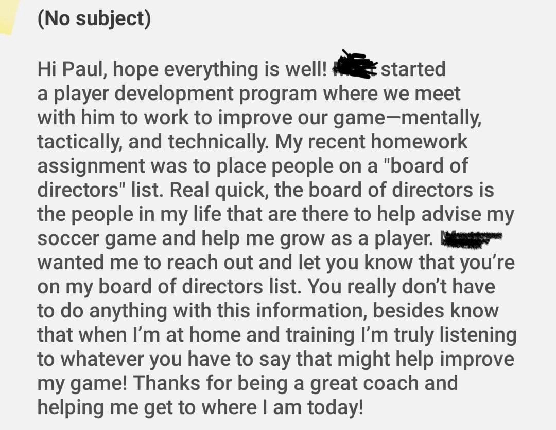 Always great to get motivating feedback from former players. What is your why?!