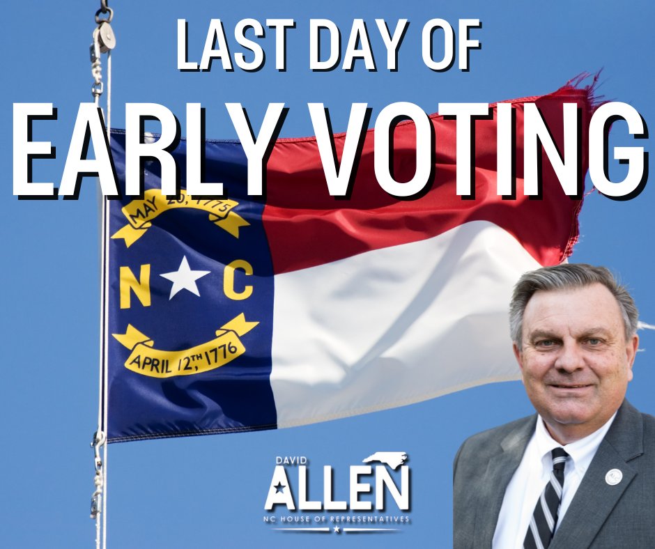 Today is the final day to vote EARLY! 🗳️ If you haven't yet, you've got until 3pm today to get to an Early Voting location near you!

#ncga #ncpol #ncgop #allenfornchouse #clevelandcountync #rutherfordcountync #nchouse111