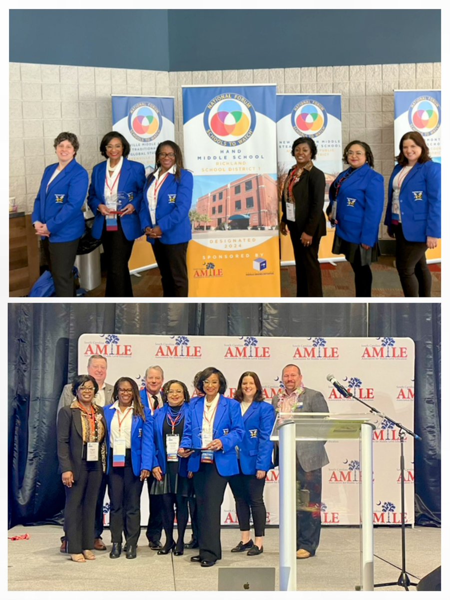 #SCAMLE ‘24 members of the Hand MS core team honored & humbled to accept the National Schools to Watch designation on behalf of our school. Our trajectory of progress is priceLESS. We are THRIVING at Hand together!!! @HandMiddleSC @RichlandOne