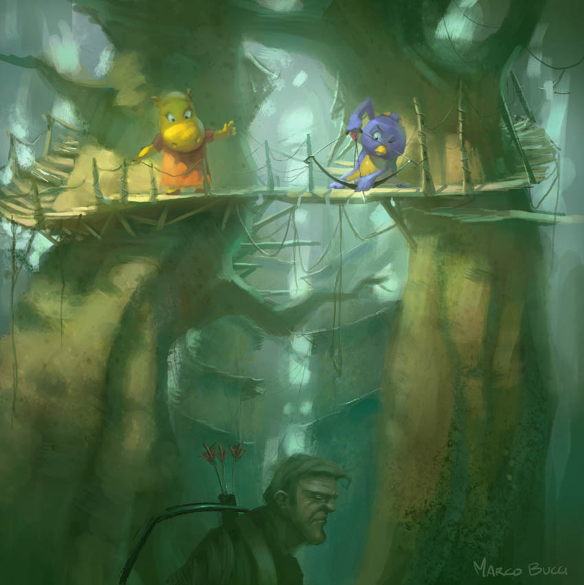 One of my early jobs in animation was on a kids' show called The Backyardigans. I painted this as a Christmas gift for our art director (that's him at the bottom.)