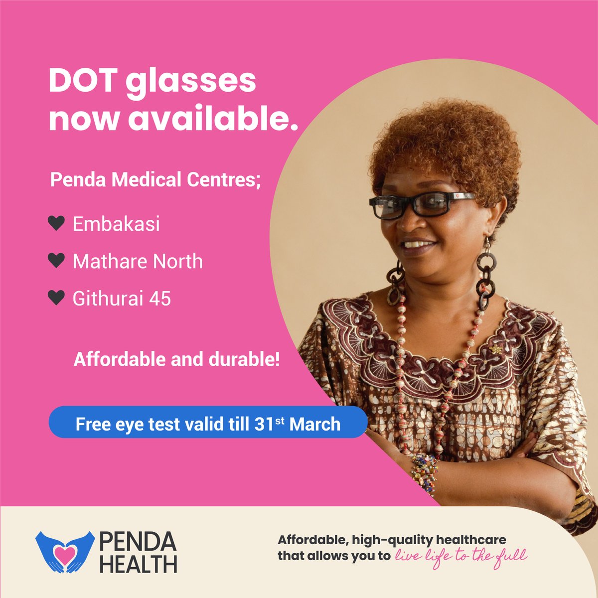 Struggling to read? Are you shortsighted or long sighted? Do your kids keep breaking glasses? We got you! Introducing Dot glasses! Affordable and Durable
Available at Penda Medical Centres Embakasi, Githurai 45 and Mathare North.
Visit us today!