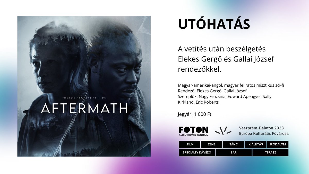 elgergo's tweet image. Az Utóhatás című filmünk hivatalos magyar bemutatója 2024. március 8-án 15:45-kor lesz Veszprémben, a FOTON Audiovizuális Centrumban.
A vetítést követően beszélgetésre is számíthattok a rendezőkkel.
Jegyvásárlás és bővebb információk az alábbi linken:
fotonveszprem.hu/esemeny/utohat…