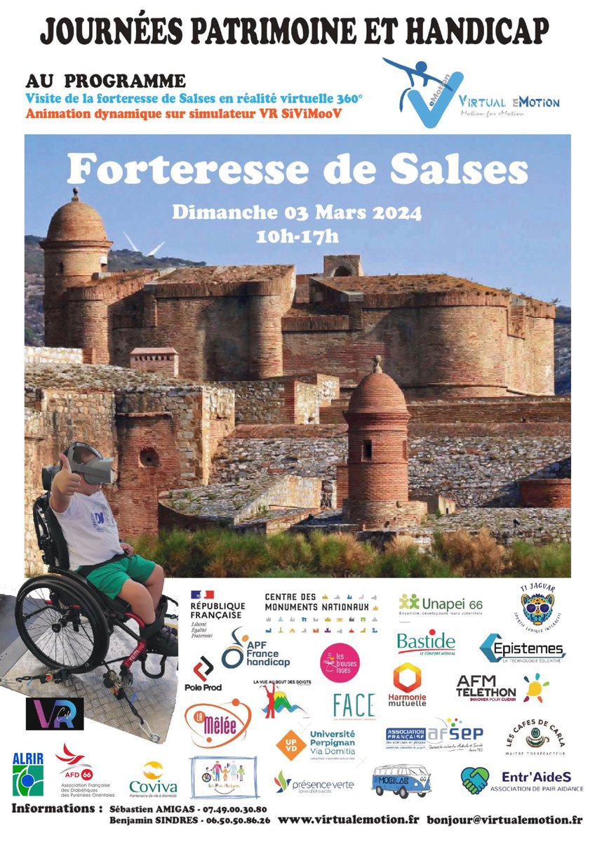Nous serons présent ce 03/03/24 de 10h à 17h à la Forteresse de Salses pour la journée Patrimoine et Handicap: 
- Visite réelle et virtuelle de la Forteresse
- Animations
Venez nombreux
Un grand merci à Virtual eMOTION pour l'invitation
#tousensemble #prendresoindenossemblables