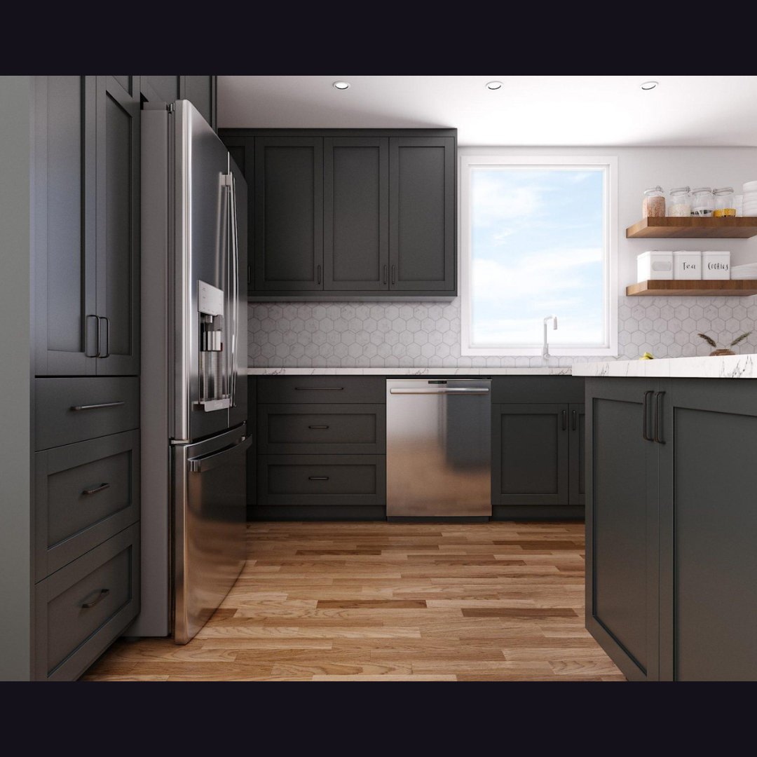 The dark cabinets ground the space, while the white countertops and backsplash keep it feeling light and airy. The stainless steel appliances add a touch of sophistication, and the woven chairs warm up the space. And let's not forget about that gorgeous pendant light!

#Kitchen