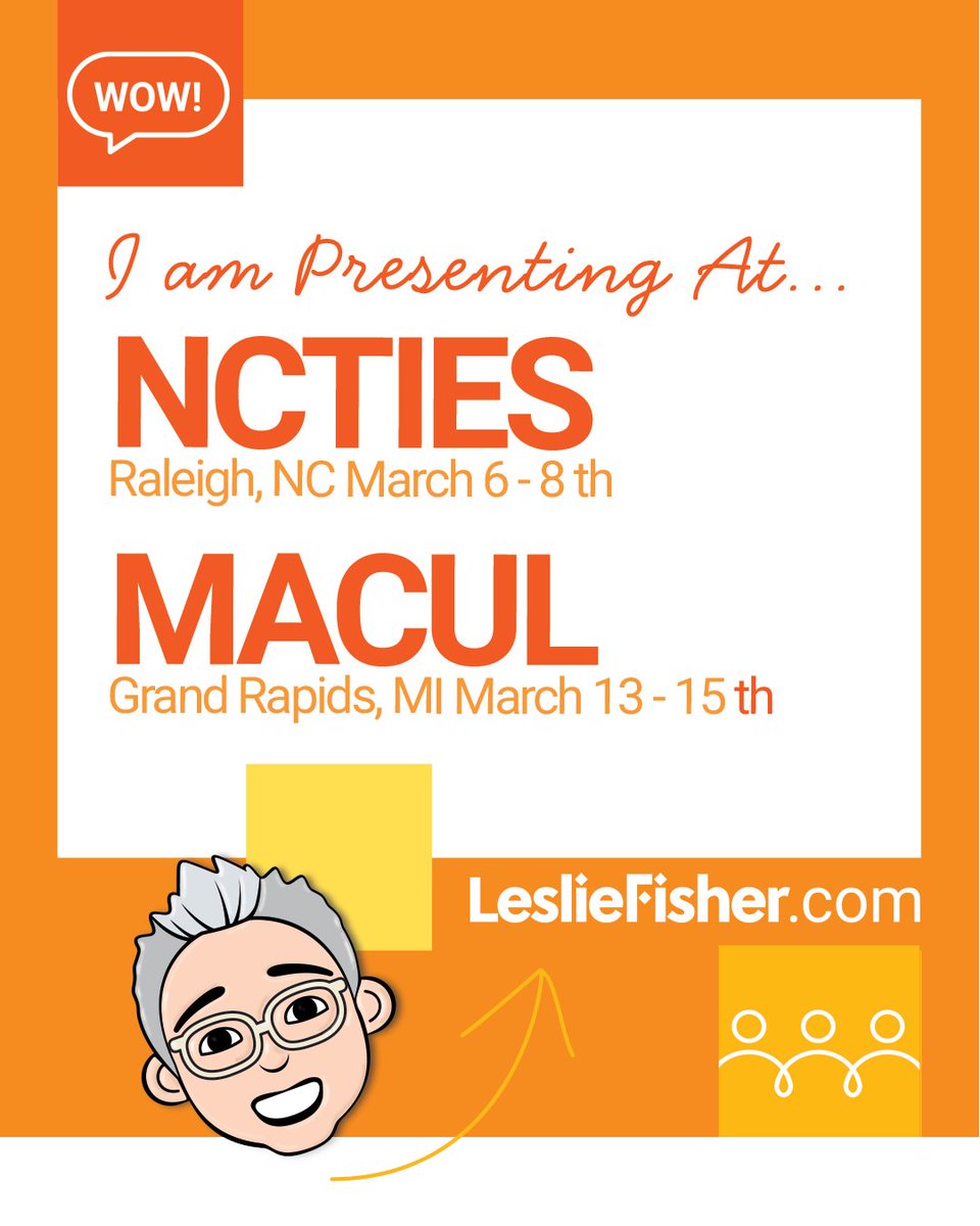 Newsletter: What's New, Where am I heading bit.ly/48HSBvw. A new lesliefisher.com website has been launched, and I will be Presenting at #MACUL and #NCTIES in March and hanging out with exhibit hall friends at #CUE.