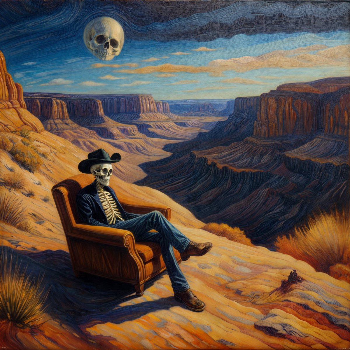 Stetson shades the skull,
Desert throne, stark and full,
Time's echo, a lull.