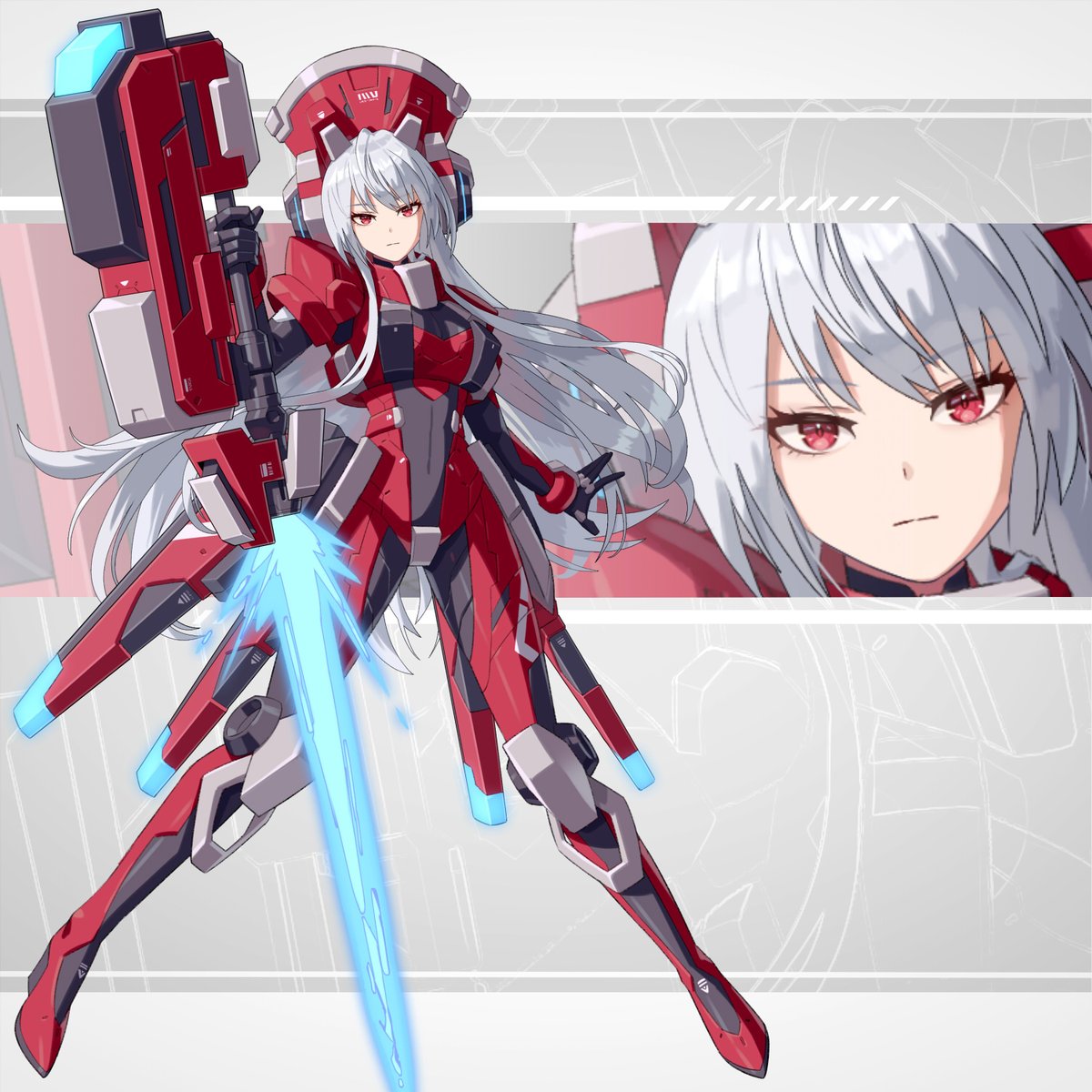 1girl weapon red eyes mecha musume long hair holding weapon holding  illustration images