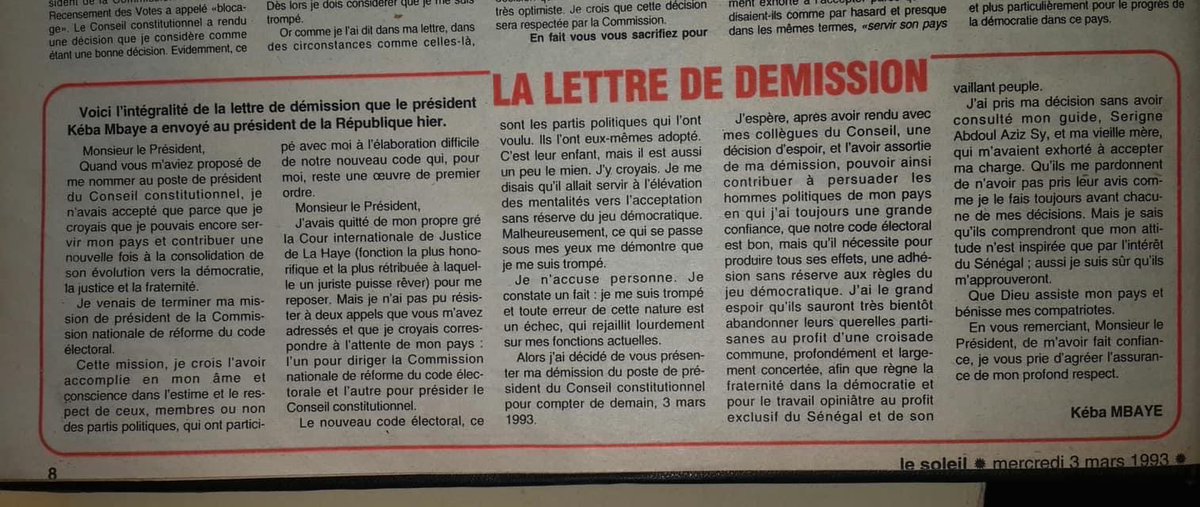 31 ans jour pour jour feu juge Kéba Mbaye président du conseil constitutionnel rendait sa démission… L’ « élévation » qu’il espérait est toujours absente.