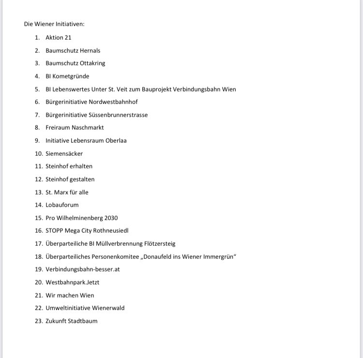 23 Wiener Initiativen fordern von @BgmLudwig  @ChairNoHorseKey 
Die Veröffentlichung von Steuergeld-Finanzierten Stadtplanungsgrundlagen und den Nachweis von Planungsvorgaben der @Stadt_Wien. 
#tranzparenz #klimafahrplan @wirmachenwien @NaschmarktF 
@ZStadtbaum