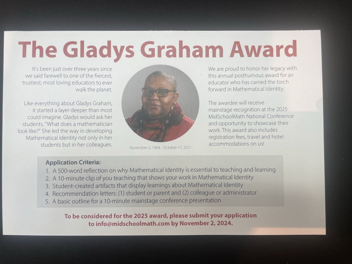 Congrats again to <a href="/MsKovel/">Rachel Kovel</a>, recipient of the first Gladys Graham Award #2024MidSchoolMath