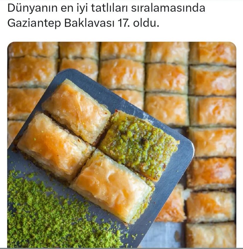 Dünyanın en iyi tatlıları sıralamasında Gaziantep Baklavası 17. oldu.
#BahrainGP #CHUANGAsia #DunePartTwo #Formula1 #LazioMilan #skijumpingfamily #sneachta #UkraineWar #viaplay #อุงเอิง