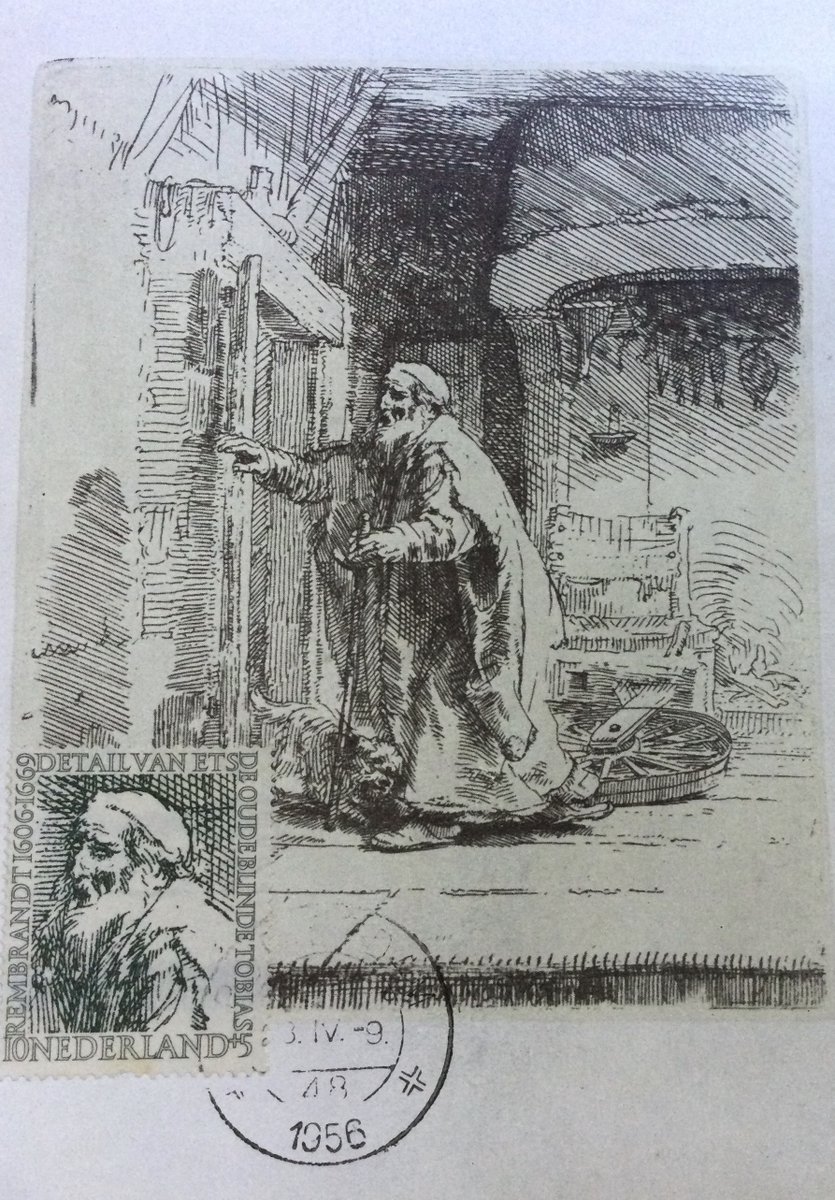 De blinde Tobias, nog zo’n prent van Rembrandt van een blinde met hond… Zo mooi, dat er in 1956 zelfs een ansichtkaart en postzegel van gemaakt is #Rembrandt #geleidehond #historie