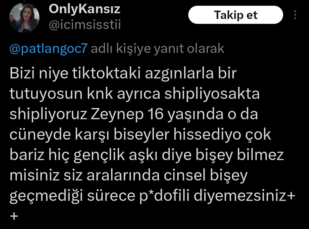 Tweetleri silip beni de engellemiş. Farkına vardı herhalde yanlışlığın. Kendisi aynı zamanda bazı ülkelerde reşit olma yaşı 16 diye savunma da yaptı rezilsiniz ve diziyi kötü gösteriyorsunuz @icimsisstii