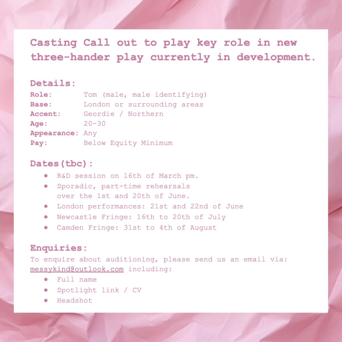 Casting call! 
Send an email our way - we’d love to hear from you.