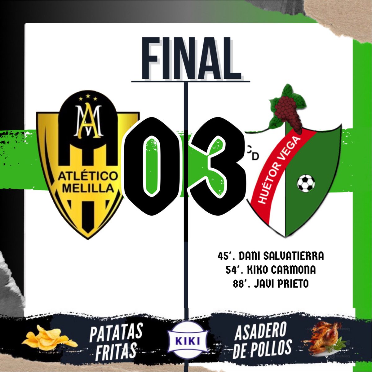 ¡FINAL del PARTIDO! @ATmelilla 0-3 @CD_HuetorVega Gran victoria de los nuestros en un campo muy difícil en el que tuvimos que lidiar con un gran temporal de viento que nos lo puso aún más difícil. #ATMelillaHuétorVega