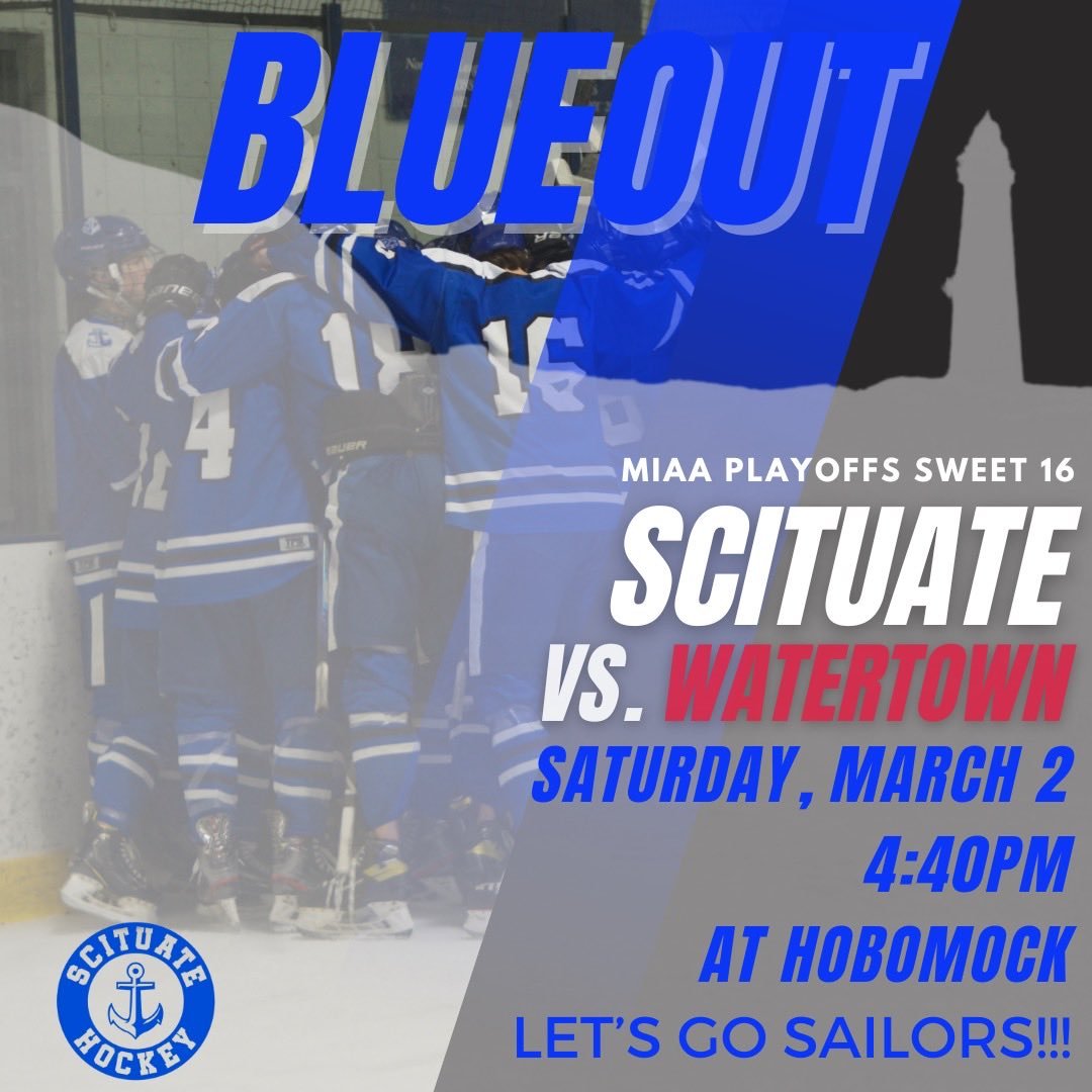 ScitAthletics's tweet photo. Boys Hockey takes the ice at 4:40pm today at Hobomock Arena vs Watertown/Wayland. It's a rematch of last years State Semi Final Game. You must have a Digital Ticket, heres the link. GO SAILORS!
https://t.co/tNHuu8bLWH https://t.co/krYhZAGPjj