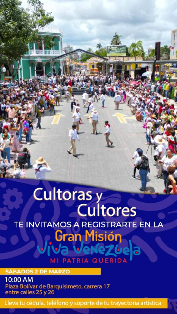 *INICIO DEL REGISTRO DE CULTORAS Y CULTURES DEL MUNICIPIO IRIBARREN EN LA GRAN MISIÓN VIVA VENEZUELA*

*FECHA:* Sábado 02/03/24
*HORA:* 11:00 AM 
*LUGAR:* Plaza Bolívar de Barquisimeto, carrera 17 entre calles 25 y 26 

¡LOS ESPERAMOS!
#OrgullososDeSerGuaros♥️