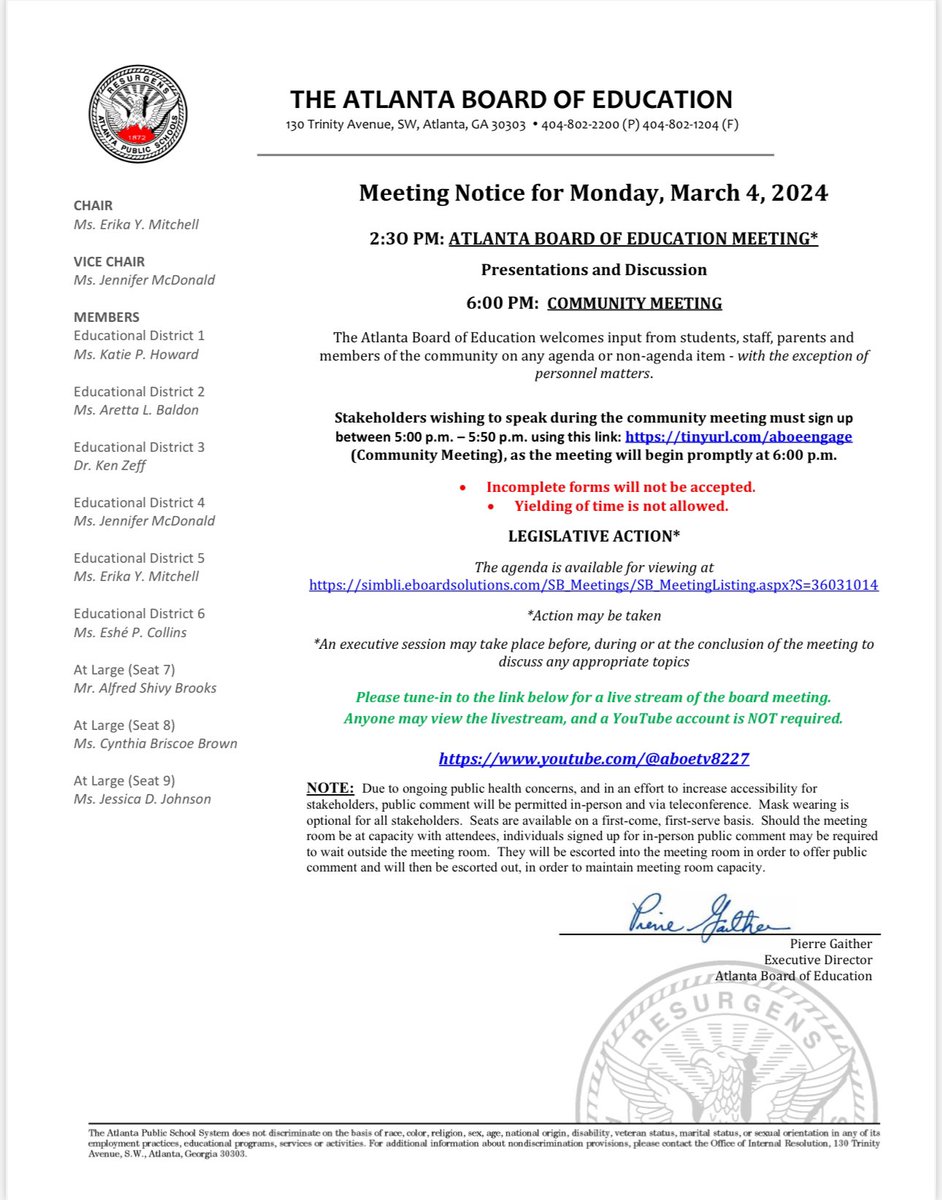 Board Meeting| Monday, March 4, 2024| Center for Learning and Leadership (130 Trinity Avenue, Atlanta, Georgia 30303)| 2:30 PM Stakeholders wishing to speak during the community meeting must sign up between 5:00 p.m. – 5:50 p.m. using this link: tinyurl.com/aboeengage