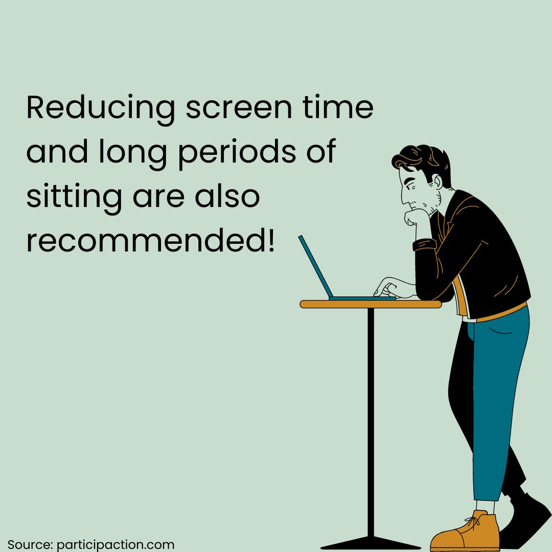 Did you know that taking breaks to move your body throughout the day can reduce stress? 👀 
Try to get moving every 30 minutes 🚶

Visit participaction.com for more information on exercise guidelines, the benefits of moving your body, exercise videos, and more!