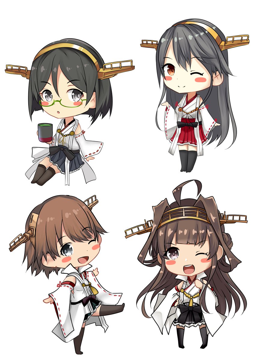 榛名(艦これ) ,比叡(艦これ) ,霧島(艦これ) ,金剛(艦これ) 「#ミニの日ミニの日らしいので、ミニだけに、金剛4姉妹デフォルメ絵を!気合入れて描」|火村 モリタカ＠/5月COMITIA144（B51a)/その次は神戸かわさき10のイラスト