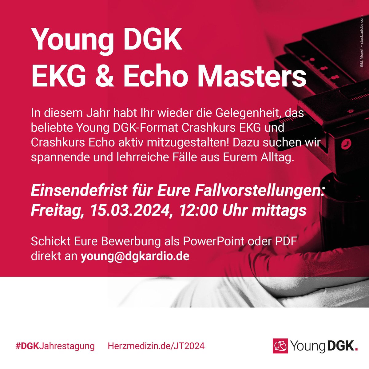 Ihr seid EP- oder Echo-begeistert?🔥🤓

Gestaltet unseren Crashkurs auf der #DGKJahrestagung mit und werdet EKG bzw. Echo-Master!

Schickt Euren lehrreichen Fall als max. 3 Folien-PowerPoint Präsentation an young@dgkardio.de ▶️ bis 15.03.2024