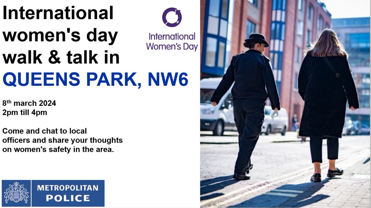 International Women's Day (IWD) on Friday 8th March 2024 is a global day celebrating the social, economic, cultural and political achievements of women.
Come and talk to officers, find about the wide range of roles women play in the Met.
We will also have a crime prevention stall
