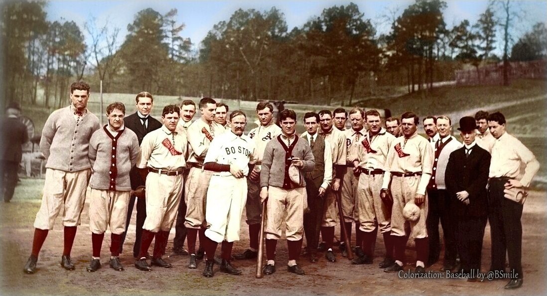 BSmile's tweet image. Before &amp;amp; After: Edit &amp;amp; colorization of the 1909 Boston Red Sox team at spring training camp in Hot Springs, Arkansas. The original photo was in rough shape! #MLB #Baseball #History