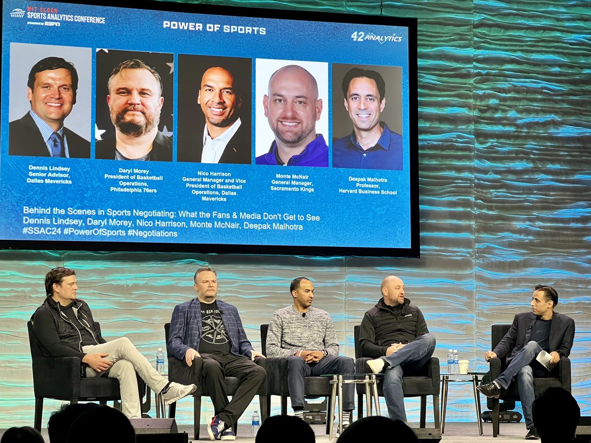 NBA executives <a href="/NicoHarrisonGM/">Nico Harrison</a>, Dennis Lindsey, <a href="/mmcnair/">Monte McNair</a>, &amp; <a href="/dmorey/">Daryl Morey 🗽🏀</a> discuss the inner workings of building a championship-level team &amp; provide insights on what actually happens behind the scenes, moderated by <a href="/Prof_Malhotra/">Deepak Malhotra</a> 🏀 #SSAC24 #PowerOfSports #Negotiations
