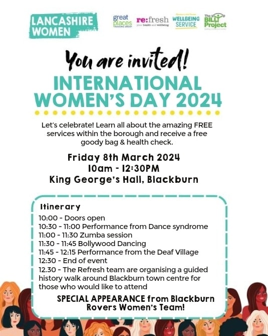 You’re invited to celebrate International Women’s Day! 🎉 FREE mystery bag, FREE Health Checks, and information from a range of FREE services! 🛍️🩺 Friday 8th March, 10am – 12:30pm, King Georges Hall, Blackburn 🗓️ #IWD2024