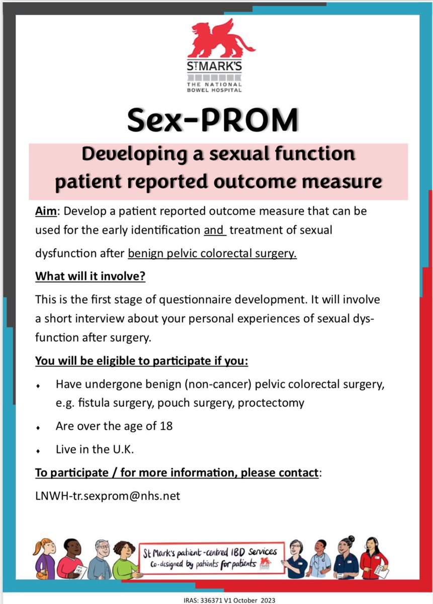Shivani Joshi (@shivani_gargi15) on Twitter photo Calling all patients who have suffered with sexual dysfunction after non-cancer colorectal surgery.
👉 we want to hear from YOU
👉 via MS Teams or in-person
✍️ please email lnwh-tr.sexprom@nhs.net for more information
<a href="/philtozer1/">Phil Tozer</a> <a href="/nic_dames/">Nicola Dames</a> <a href="/StMarksHospital/">St Mark's Hospital</a> <a href="/BowelsOfStMarks/">St Mark's Hospital Foundation</a> Calling all patients who have suffered with sexual dysfunction after non-cancer colorectal surgery.
👉 we want to hear from YOU
👉 via MS Teams or in-person
✍️ please email lnwh-tr.sexprom@nhs.net for more information
<a href="/philtozer1/">Phil Tozer</a> <a href="/nic_dames/">Nicola Dames</a> <a href="/StMarksHospital/">St Mark's Hospital</a> <a href="/BowelsOfStMarks/">St Mark's Hospital Foundation</a>