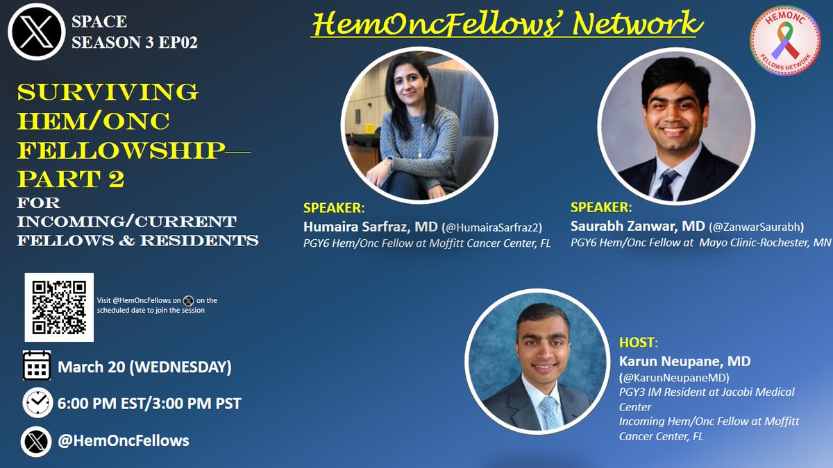 📢Current/prospective #HemOnc #fellows & #residents considering fellowship, join us (bring your questions⁉️) as we discuss on Surviving Fellowship! Fellows are invited to share their own experiences too. 🎙️@HemOncFellows will be hosting 2 sessions: 📅 March 10 & 20 (6-7pm EST)