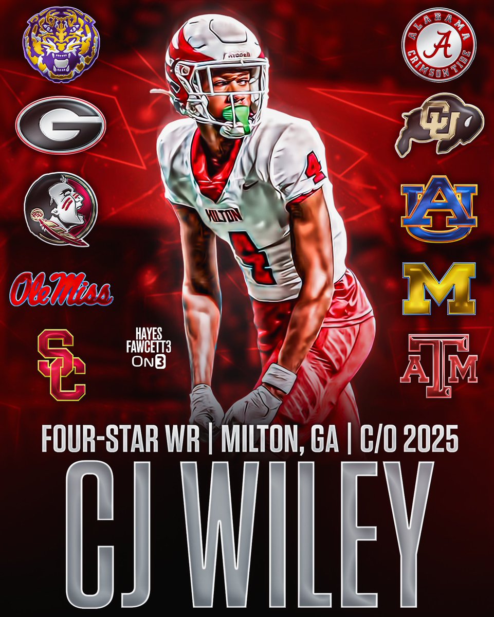NEWS: Four-Star WR CJ Wiley is down to 🔟 Schools! The 6’4 195 WR from Milton, GA is ranked as a Top 90 Recruit in the ‘25 Class (No. 10 WR) per On3 Where Should He Go?👇🏽 on3.com/db/cj-wiley-15…