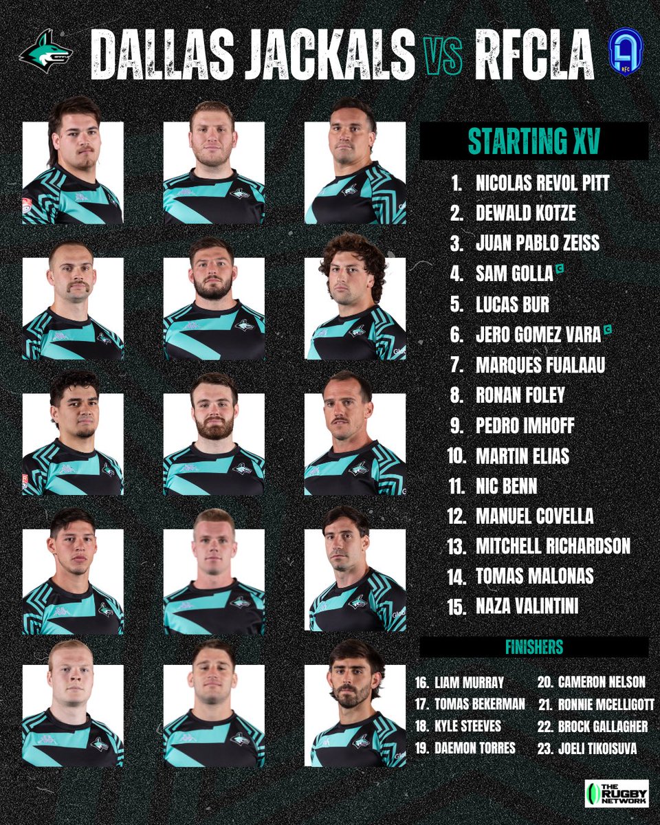 Week 1 Squad 🐺 

🏉 vs. <a href="/RugbyFCLA/">RFCLA is now California Legion</a> 
📍 Dignity Health Sports Park, CA
📅 Sunday, March 3 at 9:45 PM CT 
📺 <a href="/therugbynetwork/">The Rugby Network</a> 

#DallasJackals | #JoinThePack