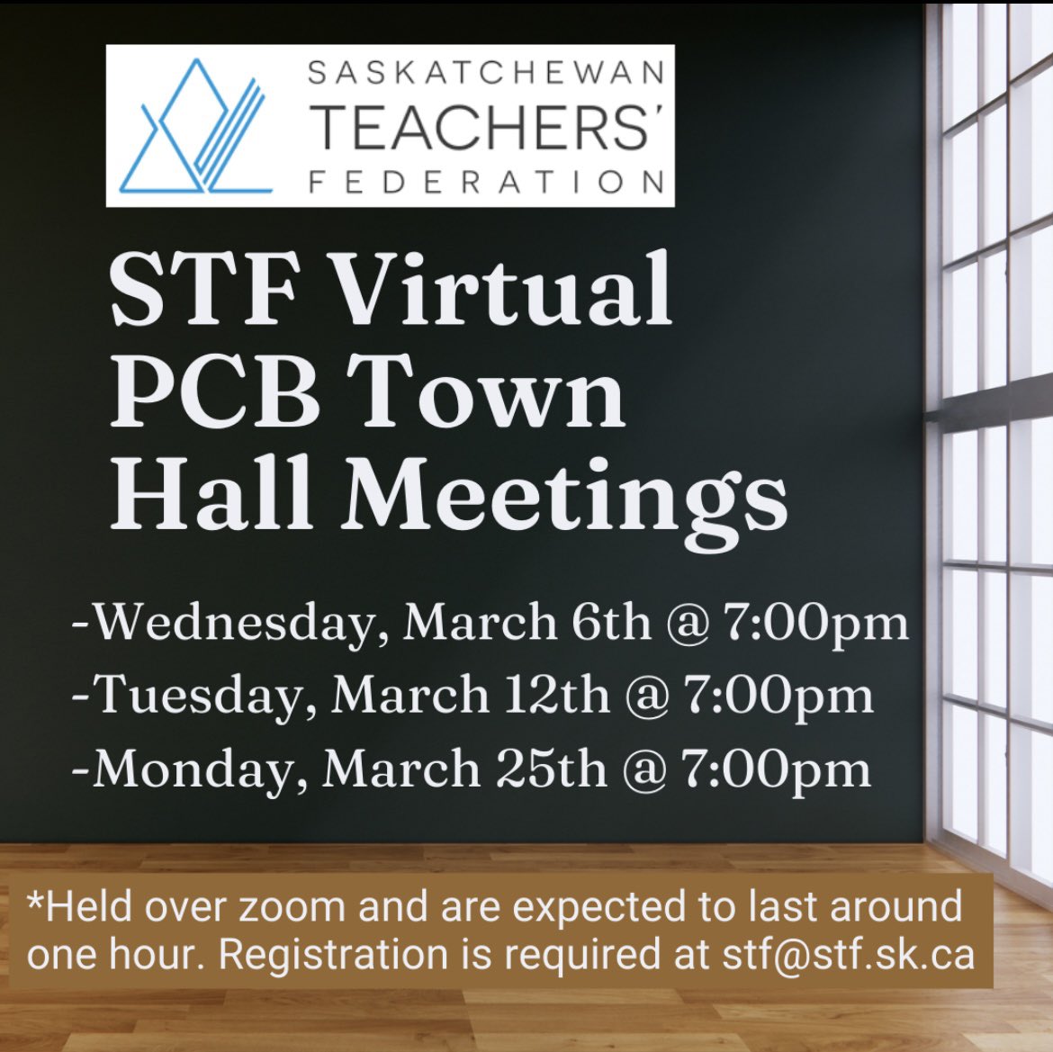 📣 <a href="/SaskTeachersFed/">Saskatchewan Teachers' Federation</a> Virtual Provincial Collective Bargaining Town Hall Meetings are set. Meetings will be held over Zoom and are expected to last around one hour. Please register at stf@stf.sk.ca.