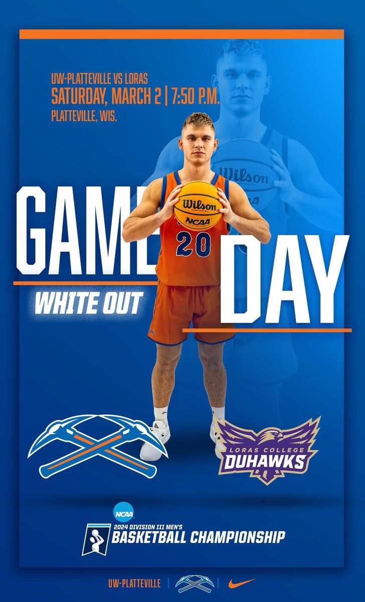 Time to pack Williams Fieldhouse again!!! <a href="/UWPlattMBB/">UW-Platteville Men’s Basketball</a> returns to Bo Ryan Court tonight for the second round of the NCAA DIII Championship. The Pioneers take on Loras College at 7:50 p.m. Wear white for WHITE OUT! 
📺📈 letsgopioneers.com/composite?d=20…
#uwp #uwplatteville #platteville