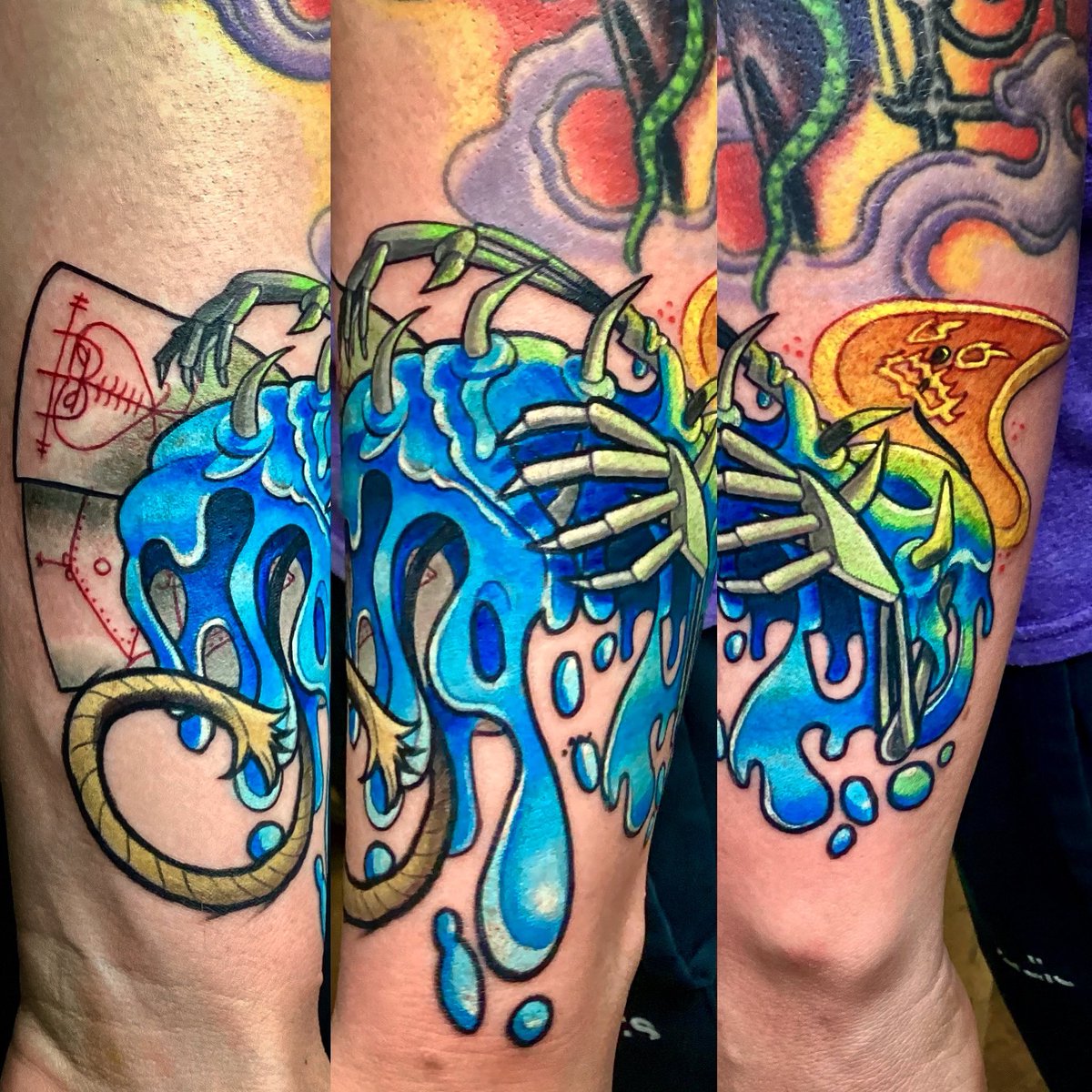 TXFRIEDCMFL's tweet image. Did this candle demon today! Superfun to do , cool concept. It’s a wraparound, so best pics I could get. More out the box please! #clintcolbycreative #houstontattoos #boldandbravetattoo