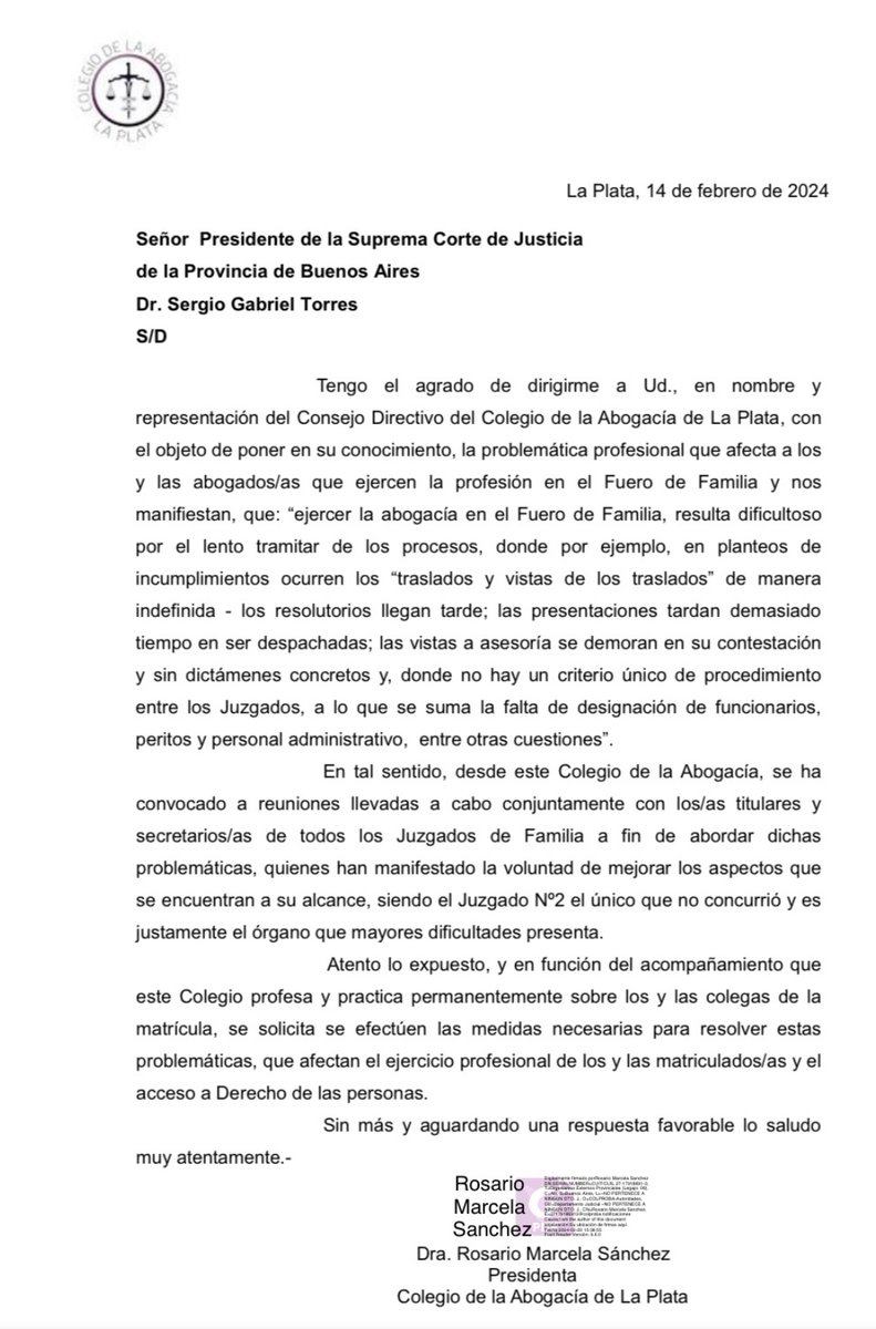 Reclamo del Colegio de Abogados de La Plata ante la SCJBA por dificultades para el cumplimiento de la profesión en el Fuero de Familia