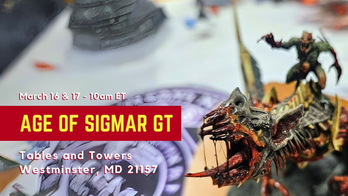 🦆Battle To End Alzheimer's 2024 AoS GT - March Registration! 
👉15 tix left!👈
At Tables and Towers - Westminster, MD 21157
March 16 &amp; 17 2023 - 10:00 ET
bestcoastpairings.com/event/44CB4KCP… 

#WarhammerCommunity #WarhammerAOS #Warmongers