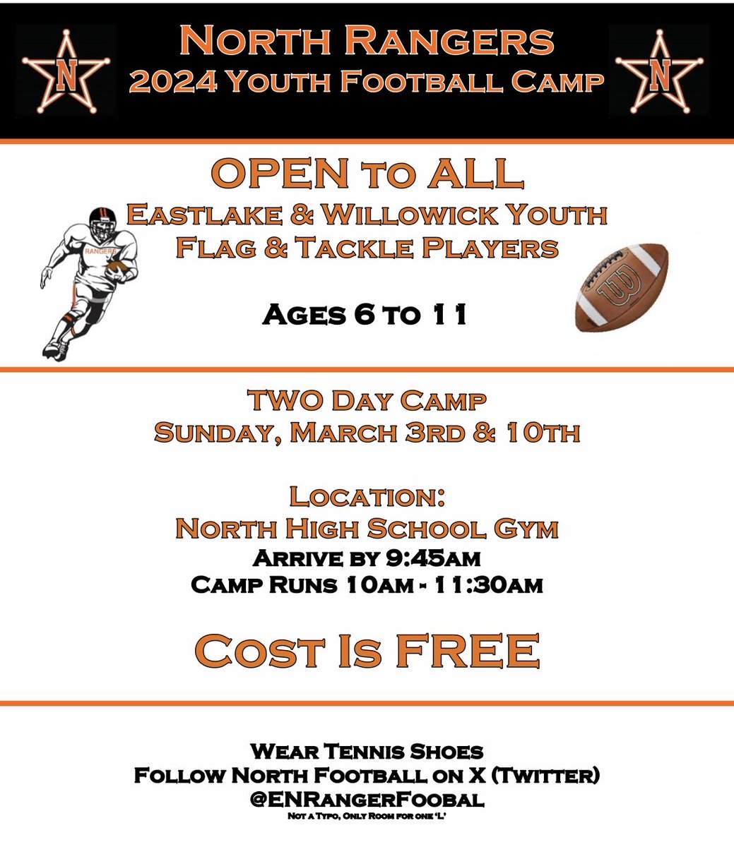 Future Rangers YOUTH camp tomorrow. Dress for indoors AND outdoors. Tennis shoes and cleats. GO RANGERS! 💪🏻🏈