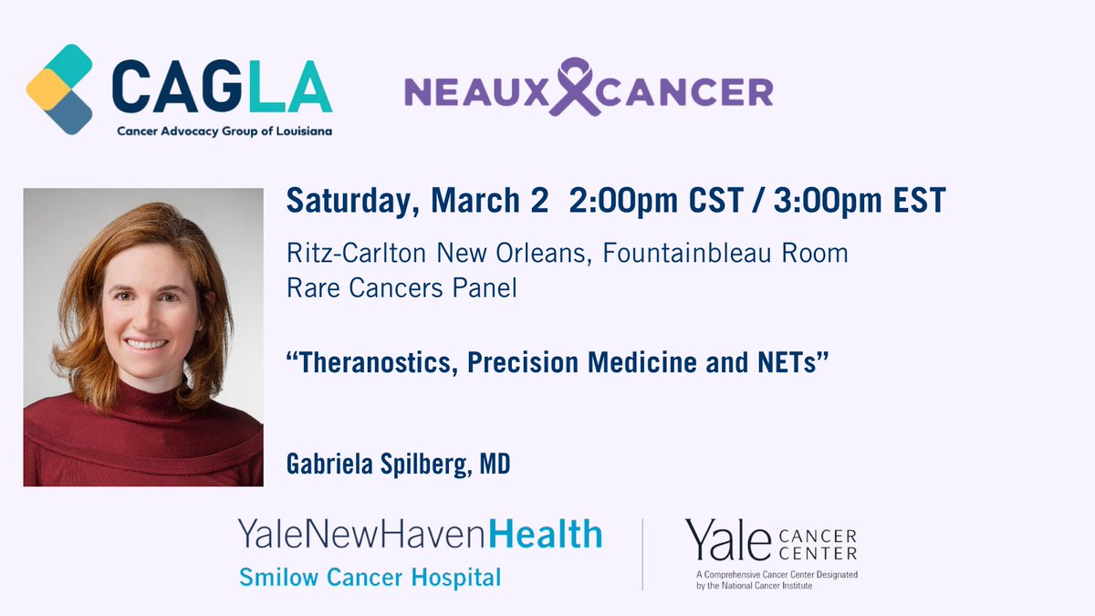 Today at 2pm CST/3pm EST, Dr. Gabriela Spilberg
<a href="/GabiSpil/">Gabriela Spilberg, MD</a> will be presenting during the #rarecancers panel at <a href="/CancerCag/">Cancer Advocacy Group of Louisiana (CAG-LA)</a> #neauxcancer2024. #NETs youtube.com/watch?v=MGjcnm……
<a href="/SmilowCancer/">Smilow Cancer Hospital</a> <a href="/YaleMed/">Yale School of Medicine</a> <a href="/YNHH/">Yale New Haven Hosp</a> <a href="/YaleRadiology/">Yale Department of Radiology & Biomedical Imaging</a> <a href="/YaleGICancers/">Center for Gastrointestinal Cancers</a>