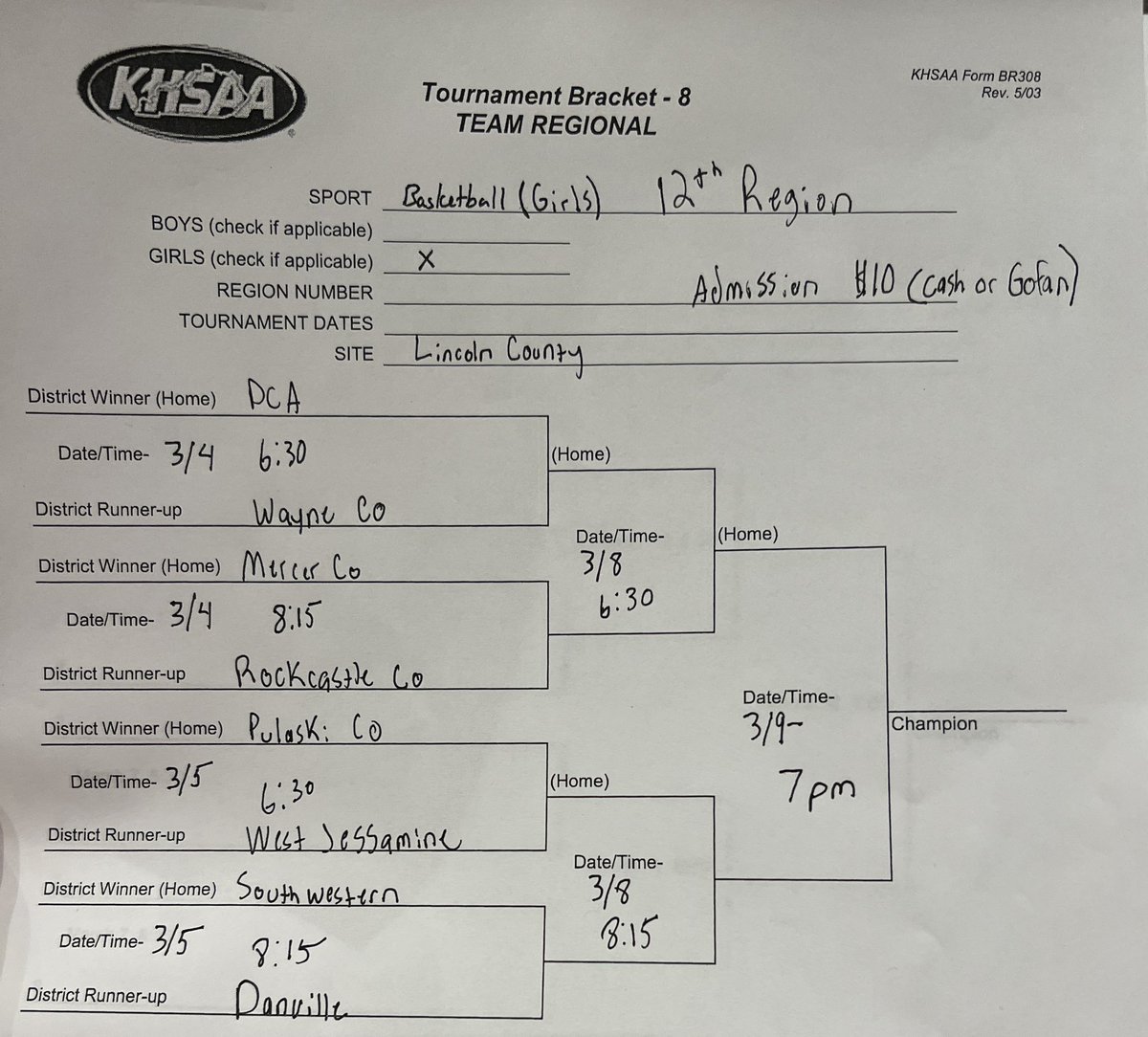 Girls 12th Region Tournament Bracket 🏀