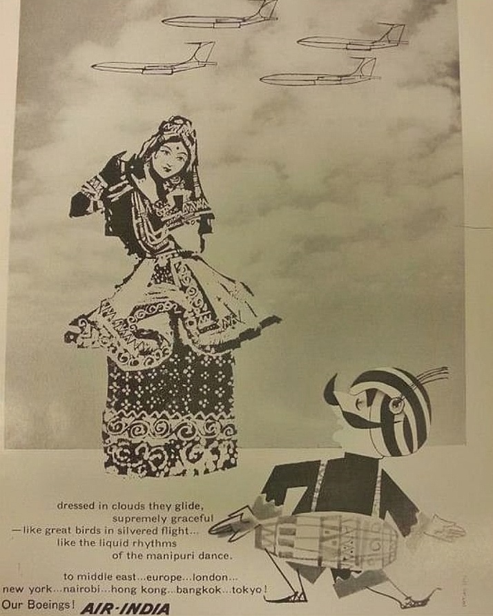 A Boeing's flight was once compared to the liquid rhythms of Manipuri dance! The recent #AirIndia 'safety mudras' reminded me of a print ad from the back of a 1960s magazine from a relative's personal collection, and that many of the old timetables used to feature Indian dances.