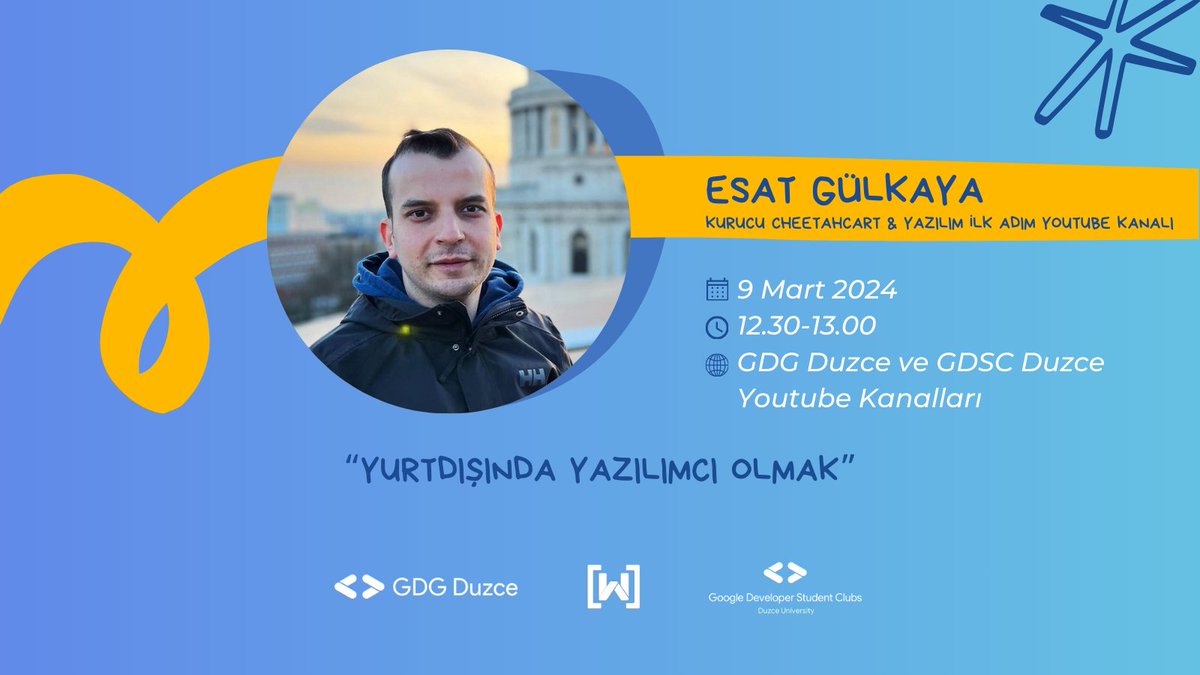 IWD Düzce'nin ilk konuğu sizlerle🥳
Etkinliğimizin ilk konuşmacısı "Yurtdışında yazılımcı olmak " konusu ile Esat Gülkaya 🚀

IWD Düzce'de kişisel gelişim ve teknoloji dolu bir günü kaçırmayın ❕
GDSC ve GDG youtube kanallarında ortak yayınımıza herkesi bekliyoruz.💫