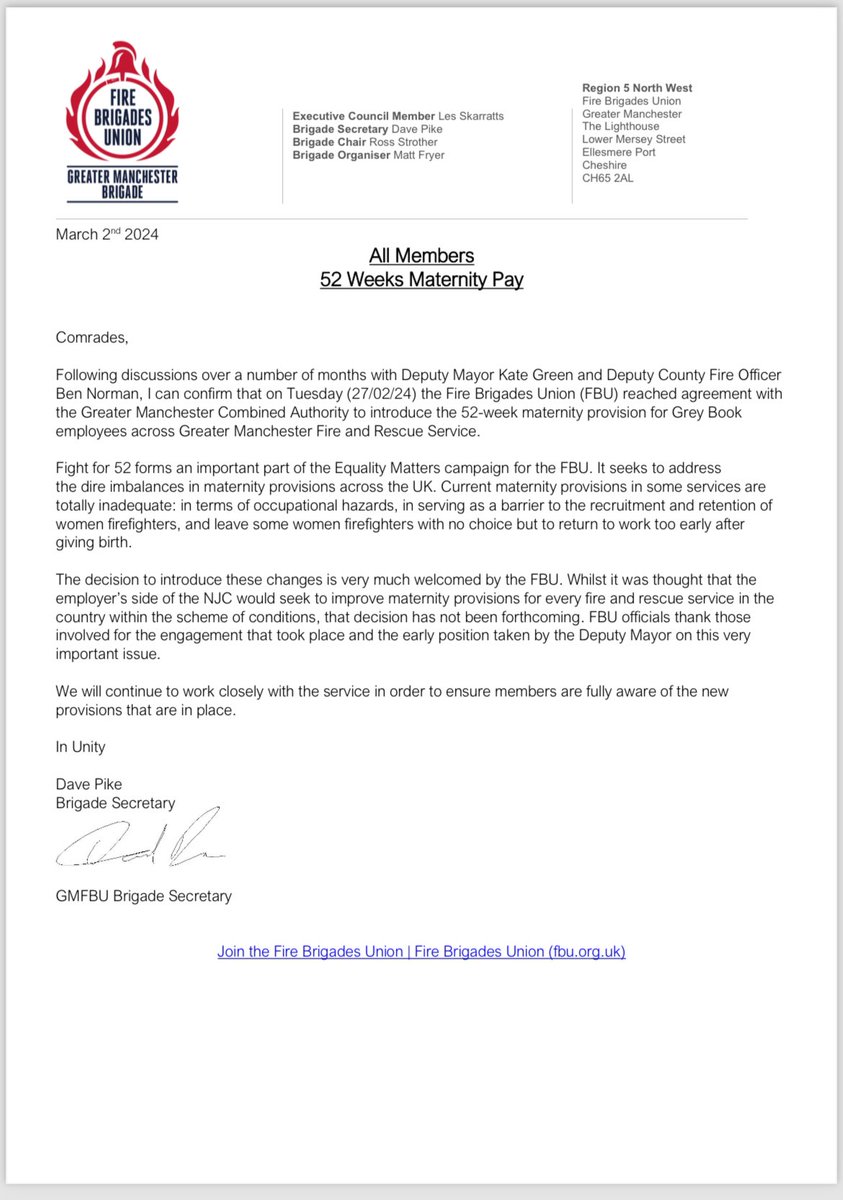 Excellent news for @fbunational women members in @manchesterfire Agreement reached with @DeputyMayorofGM on 52 weeks full maternity pay A huge step forward and one that is very welcomed by all members and officials in Greater Manchester FBU 👏🏻