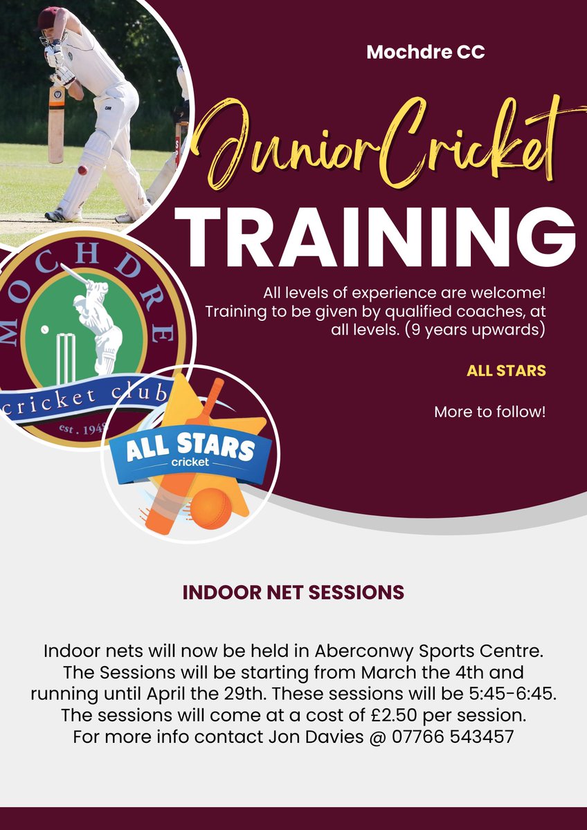 Junior Indoor Nets in Aberconwy starting this Monday! 🐷