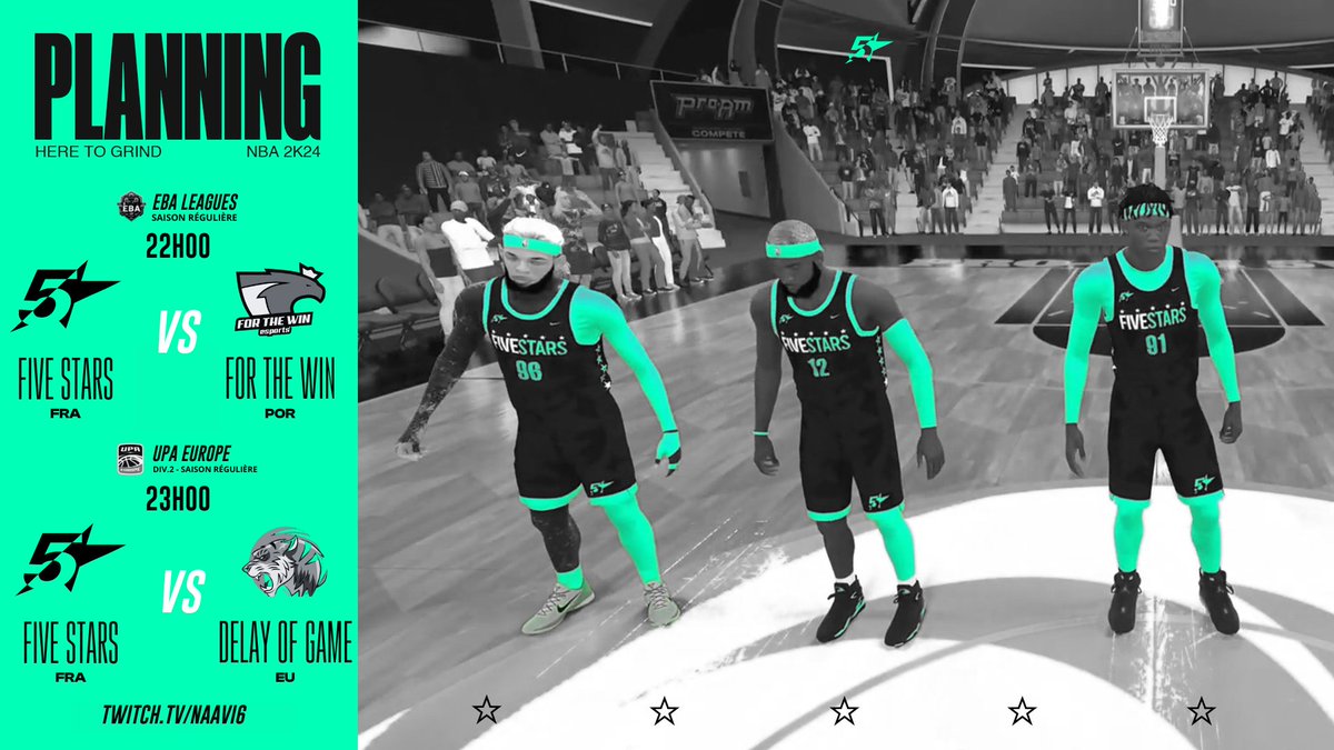 ⚪️ GAME DAY - <a href="/EBALEAGUES/">European Basketball Association</a> &amp; <a href="/UnifiedProAm/">Unified Pro-Am Association</a> 

Grosse soirée avec la suite de l'EBA et les débuts en UPA Div.2🔥

🏆 <a href="/EBALEAGUES/">European Basketball Association</a> 
🆚 <a href="/ftwesports/">FTW | For The Win Esports</a> 🇵🇹 
📅 22h00 - 2 games

🏆 <a href="/UnifiedProAm/">Unified Pro-Am Association</a> 
🆚 @DelayOfGame2k 🇪🇺
📅 23h00 - 2 games

➡️ twitch.tv/naavi6

#HereToGrind⭐️